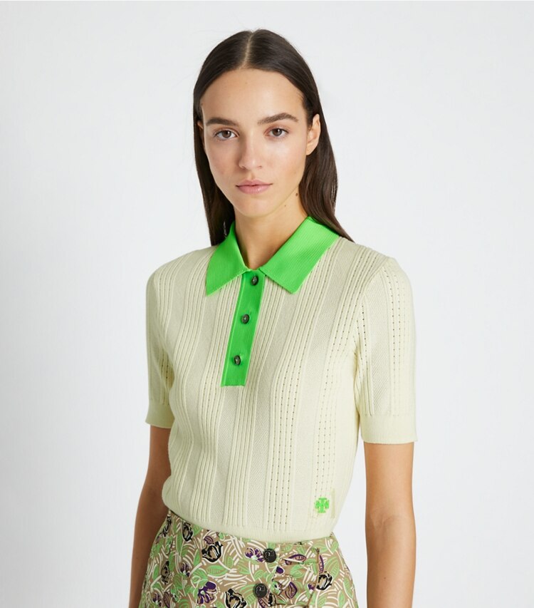 Tory Sport designer セーター コットン ポインテール ポロセーター in NEW IVORY / Vibrant Green on model detail