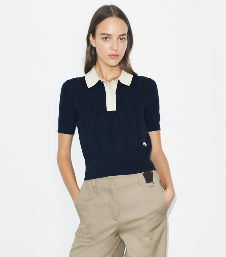 Tory Sport designer sweaters Cotton Pointelle Polo in Medium Navy / New Ivory on model detail