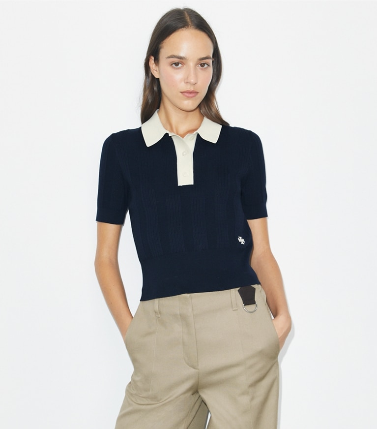 Tory Sport designer sweaters Cotton Pointelle Polo in Medium Navy / New Ivory front