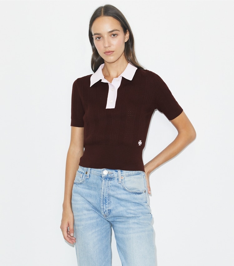 Tory Burch designer sweaters Cotton Pointelle Polo in Dark Winterberry / Pale Thistle on model detail