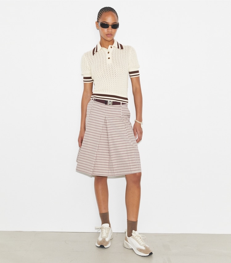 Tory Sport designer セーター コットン ポインテール ポロシャツ in New Ivory / Dark Sangria モデル前面