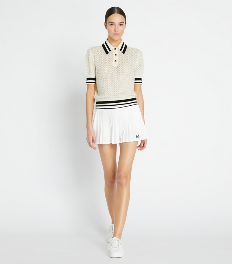 Tory Sport designer sweaters Cotton Pointelle Polo in New Ivory / Black front