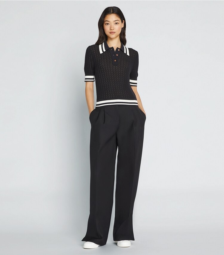 Tory Sport designer セーター コットン ポインテール ポロシャツ in Black / New Ivory モデル前面