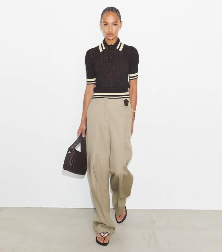 Tory Sport designer sweaters Cotton Pointelle Polo in Boba Brown / New Ivory front