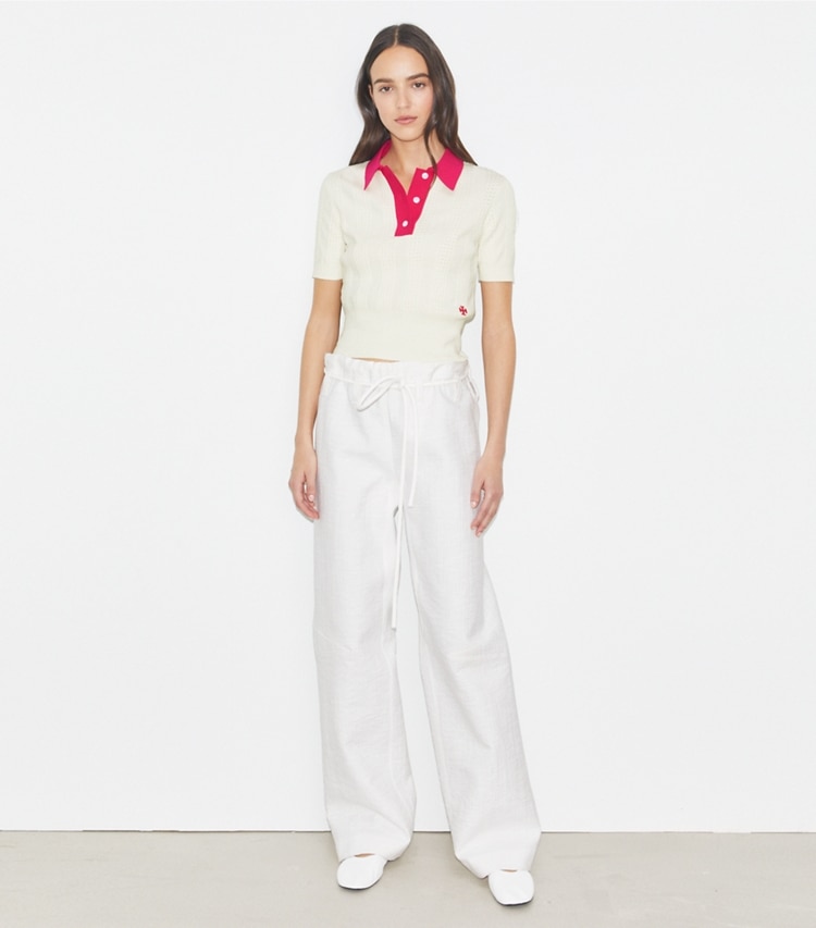 Tory Burch designer sweaters Cotton Pointelle Polo in NEW IVORY / Bold Pink on model front
