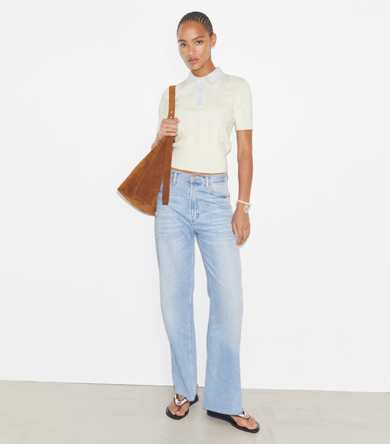 Tory Burch designer セーター コットン ポインテール ポロセーター in NEW IVORY / Light Blue front