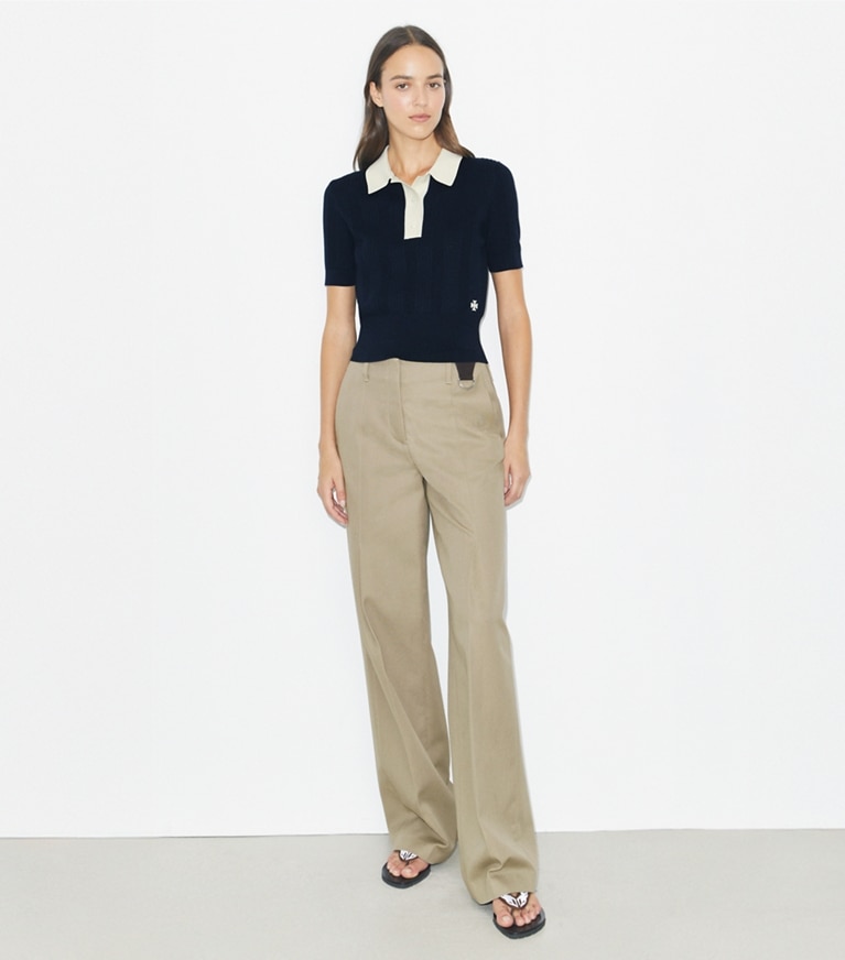 Tory Sport designer sweaters Cotton Pointelle Polo in Medium Navy / New Ivory front