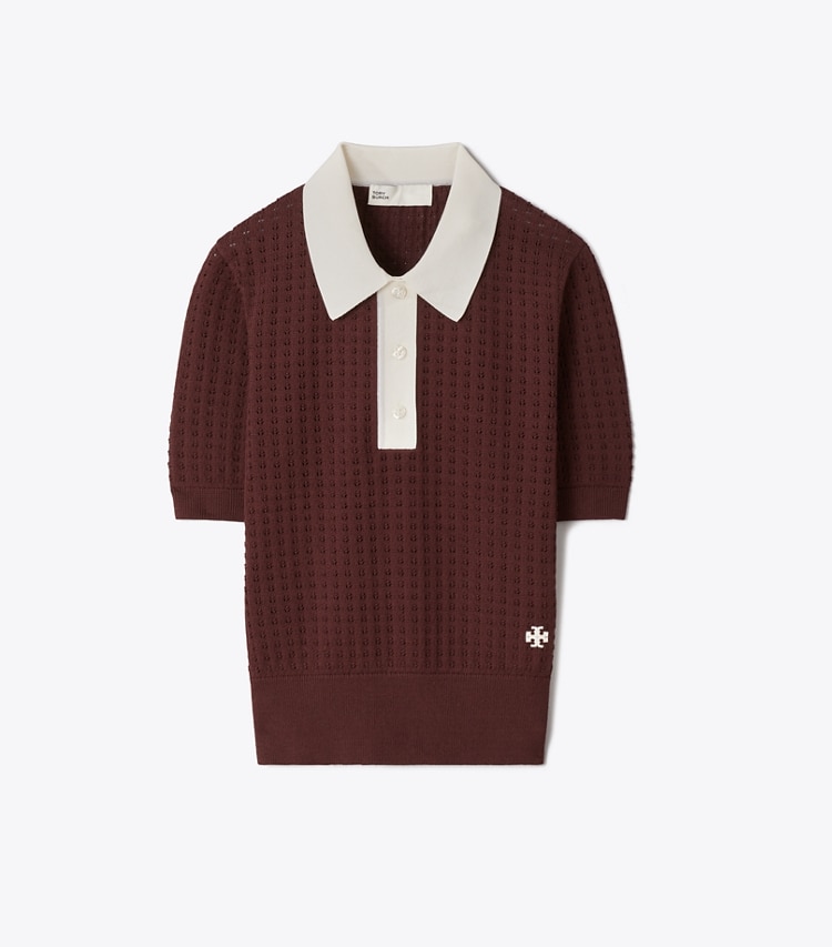 Tory Burch designer sweaters Cotton Pointelle Sweater in Mahogany / New Ivory front