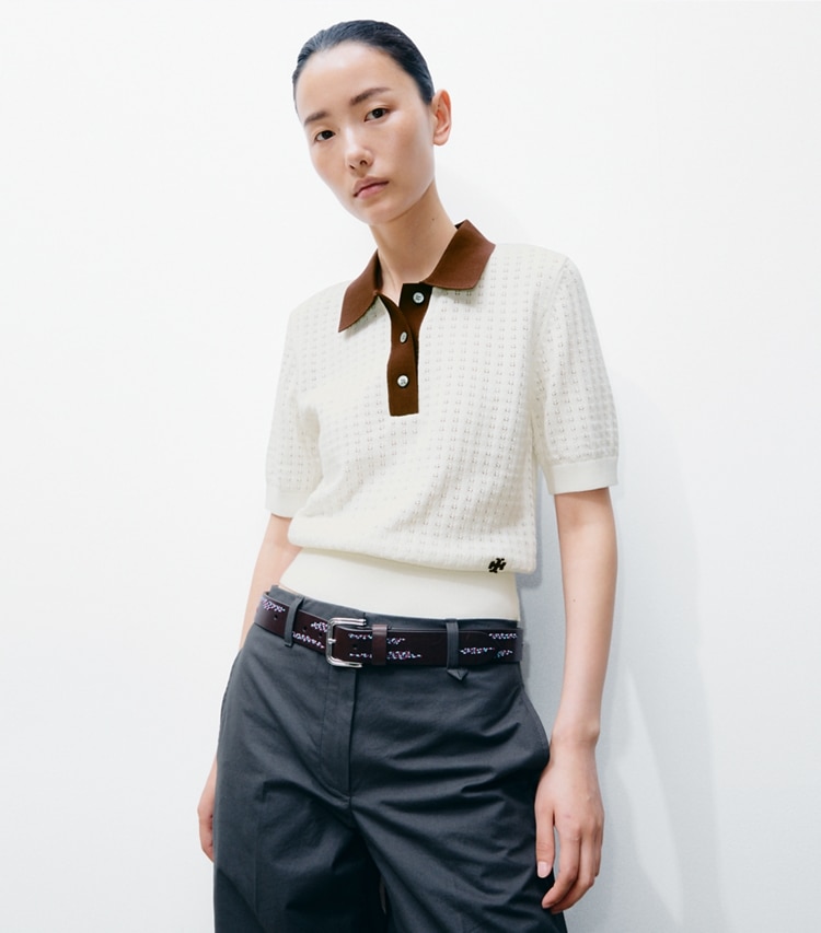 Tory Burch designer セーター コットン ポインテール セーター in New Ivory / Mahogany on model detail