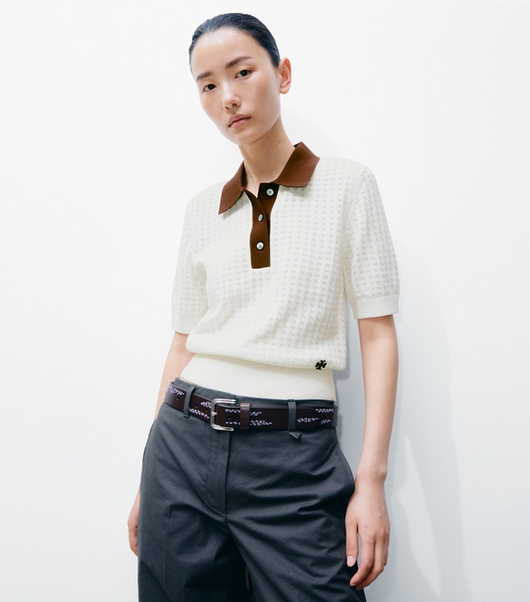Tory Burch designer セーター コットン ポインテール セーター in New Ivory / Mahogany on model detail