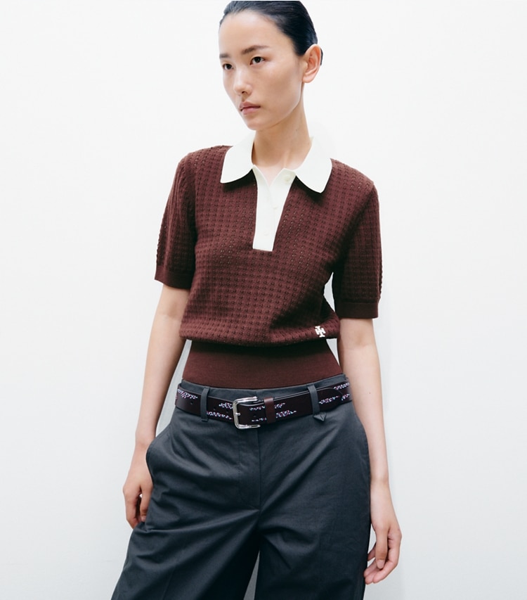 Tory Burch designer sweaters Cotton Pointelle Sweater in Mahogany / New Ivory on model detail