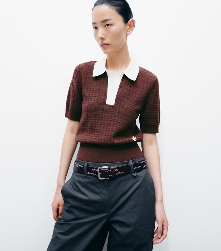 Tory Burch designer sweaters Cotton Pointelle Sweater in Mahogany / New Ivory on model detail