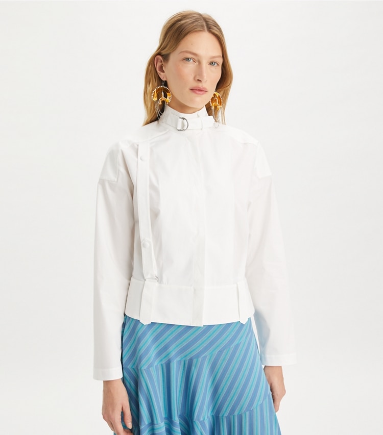 Tory Burch designer tops Cotton Poplin Bomber Shirt in White on model detail