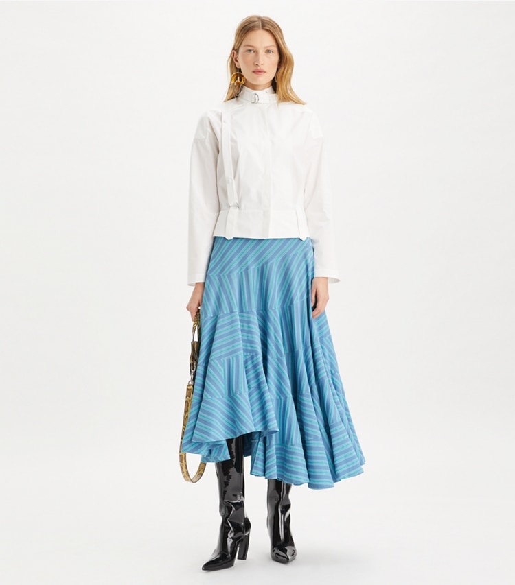 Tory Burch designer tops Cotton Poplin Bomber Shirt in White on model front