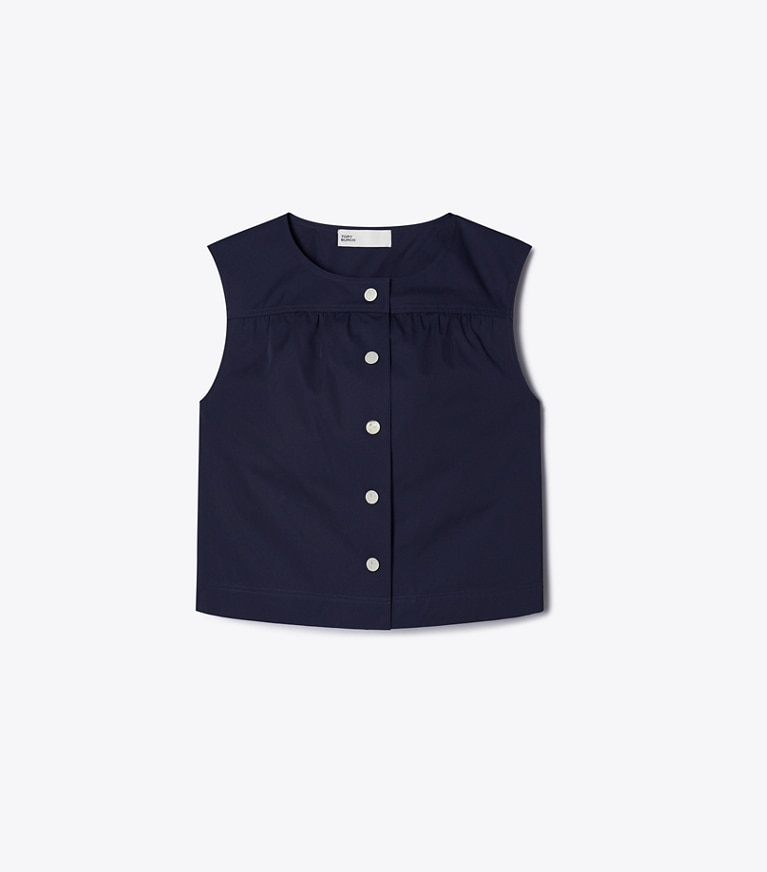 Tory Burch designer tops Cotton Poplin Button Top in Medium Navy front