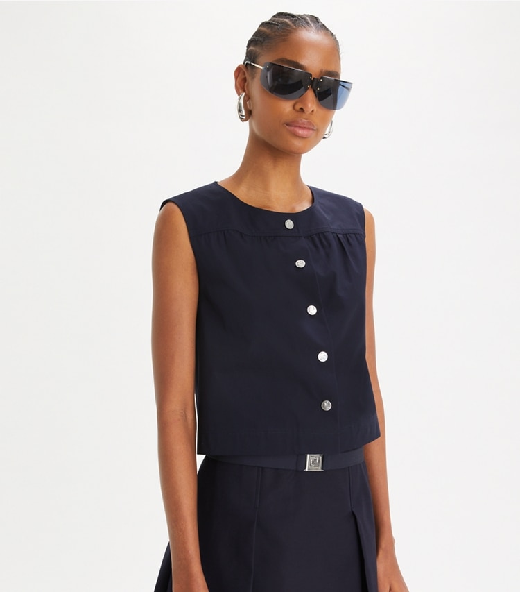 Tory Burch designer tops Cotton Poplin Button Top in Medium Navy on model detail