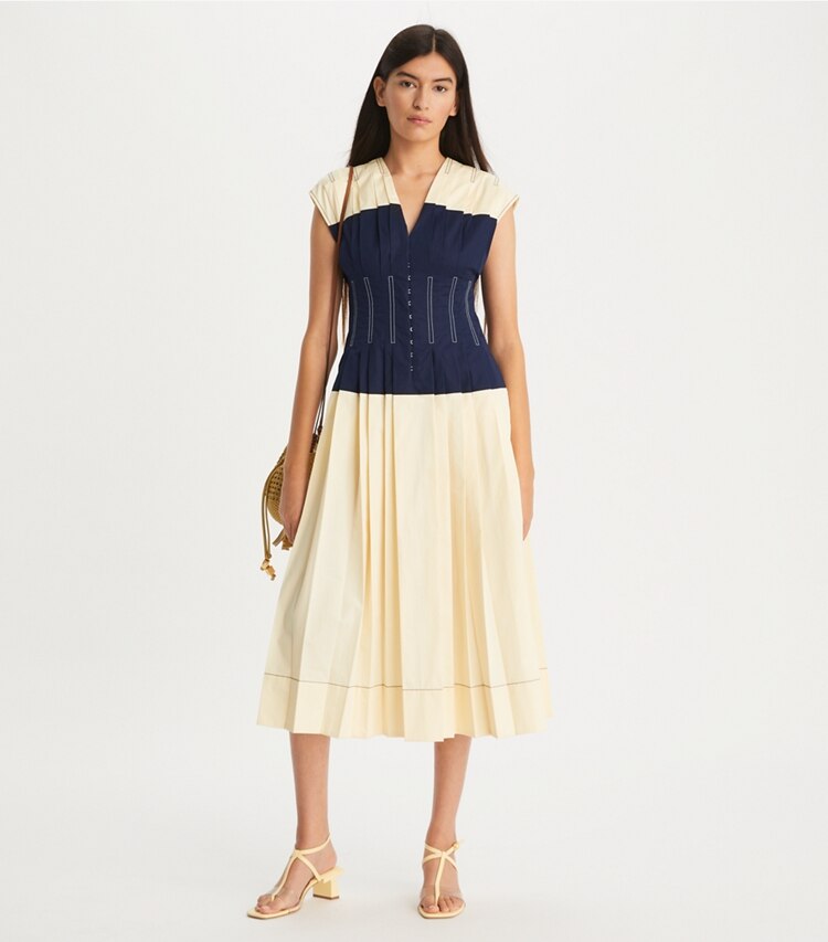 Tory Burch designer dresses Cotton Poplin Claire McCardell Dress in French Cream on model front