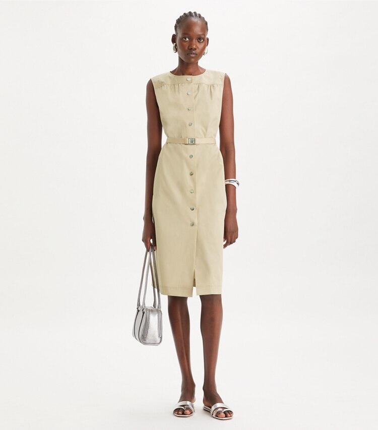 Tory Burch designer dresses Cotton Poplin Dress in TORTORA on model front