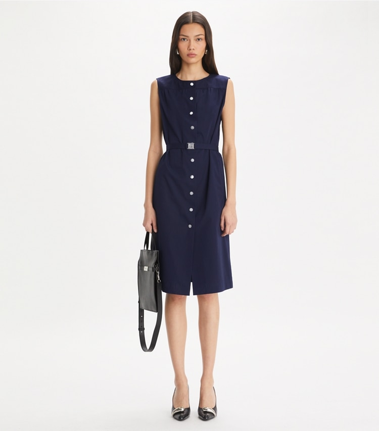 Tory Burch designer dresses Cotton Poplin Dress in Medium Navy on model front