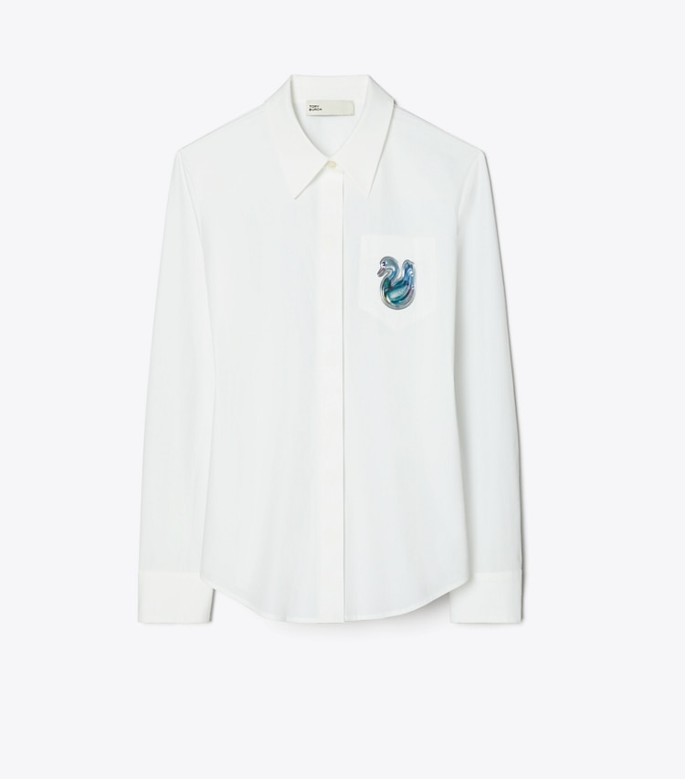 Tory Burch designer tops Cotton Poplin Duck Button Down in White front