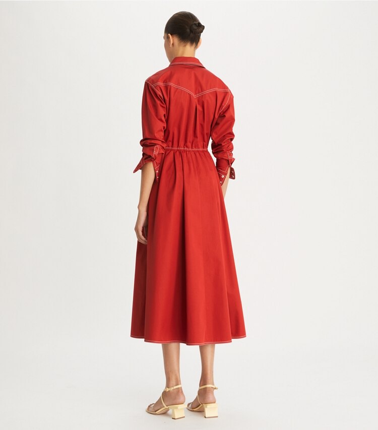 Tory Burch designer dresses Cotton Poplin Eleanor Dress in Ruby Rust on model back