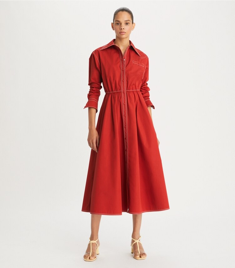 Tory Burch designer dresses Cotton Poplin Eleanor Dress in Ruby Rust on model front
