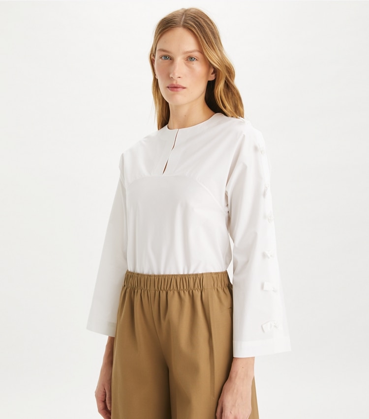 Tory Burch designer tops Cotton Poplin Knot Tunic in White on model detail