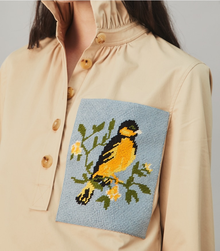 Tory Burch designer tops Cotton Poplin Needlepoint Shirt in Natural Khaki front