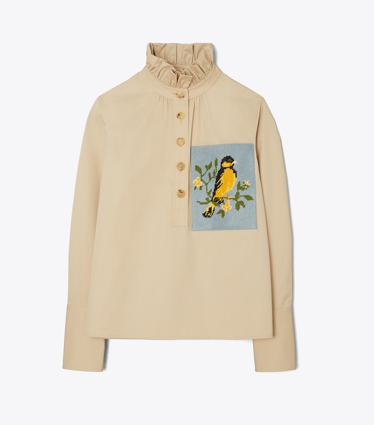 Tory Burch designer tops Cotton Poplin Needlepoint Shirt in Natural Khaki front