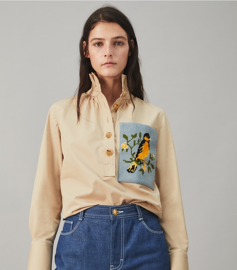 Tory Burch designer tops Cotton Poplin Needlepoint Shirt in Natural Khaki front
