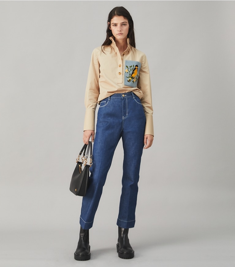 Tory Burch designer tops Cotton Poplin Needlepoint Shirt in Natural Khaki front