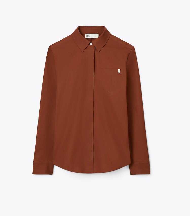 Tory Burch designer tops Cotton Poplin Shirt in Rich Manogany front
