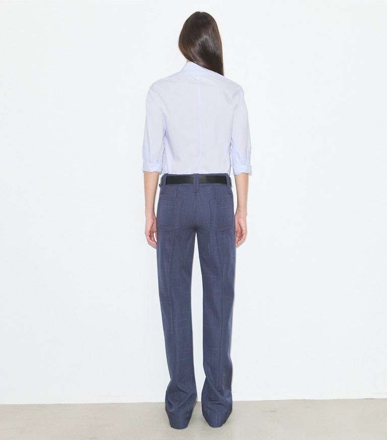 Tory Burch designer tops Cotton Poplin Shirt in Crisp Blue on model back