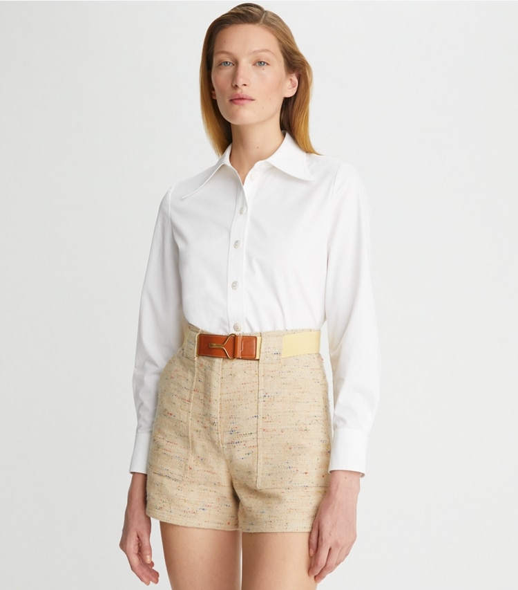 Tory Burch designer tops Cotton Poplin Shirt in White on model detail