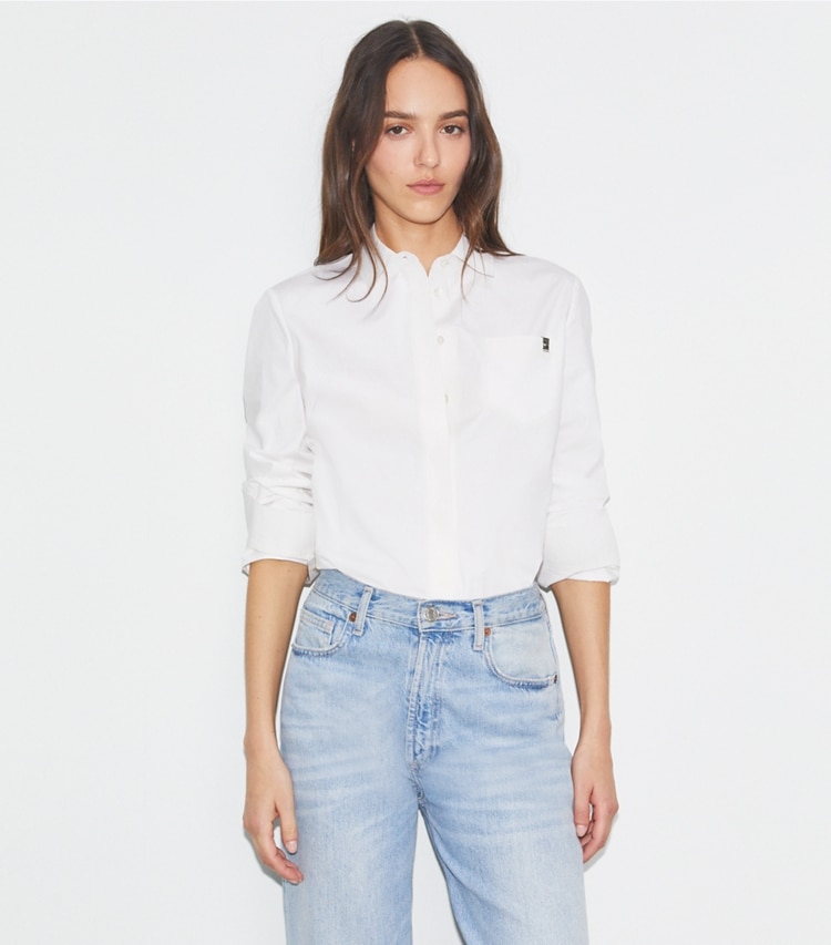 Tory Burch designer tops Cotton Poplin Shirt in White on model detail
