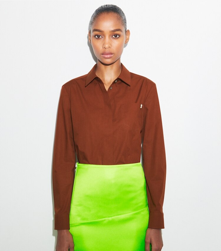 Tory Burch designer tops Cotton Poplin Shirt in Rich Manogany on model detail