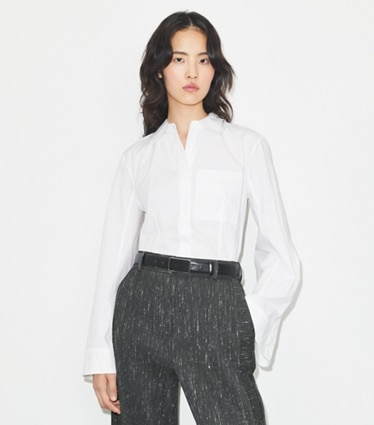 Tory Burch designer tops Cotton Poplin Shirt in White on model detail
