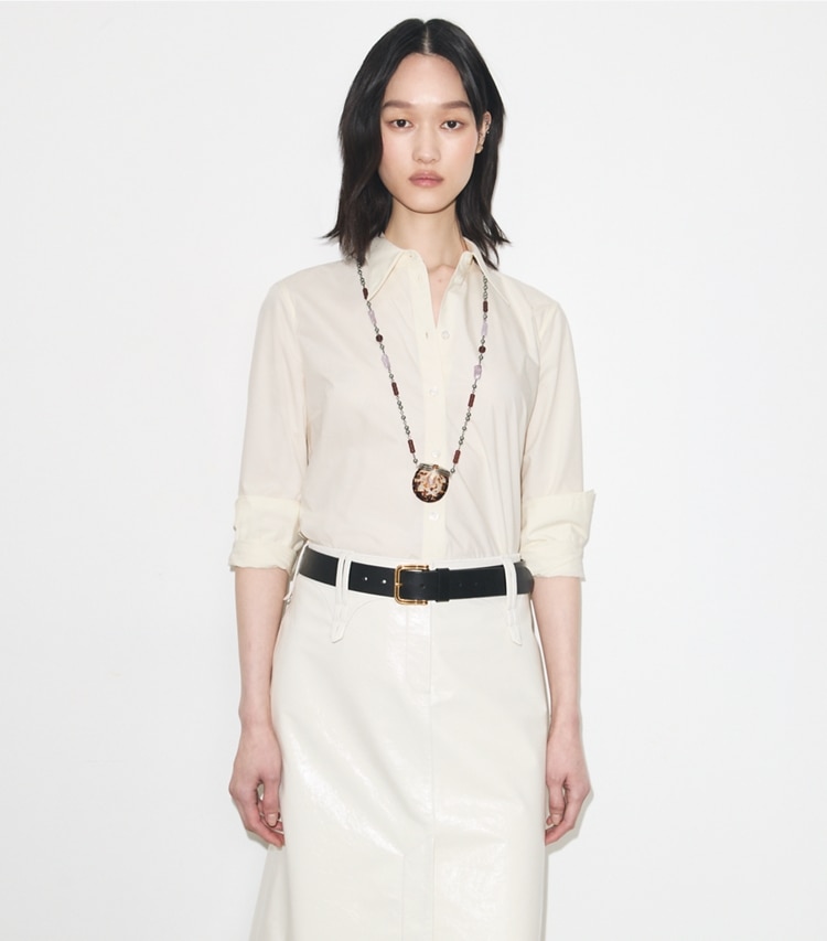 Tory Burch designer tops Cotton Poplin Shirt in Ivory / Ivory on model detail
