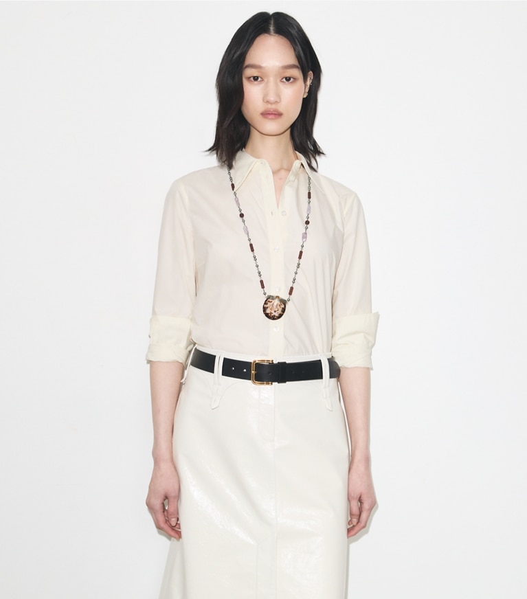 Tory Burch designer tops Cotton Poplin Shirt in Ivory / Ivory on model detail