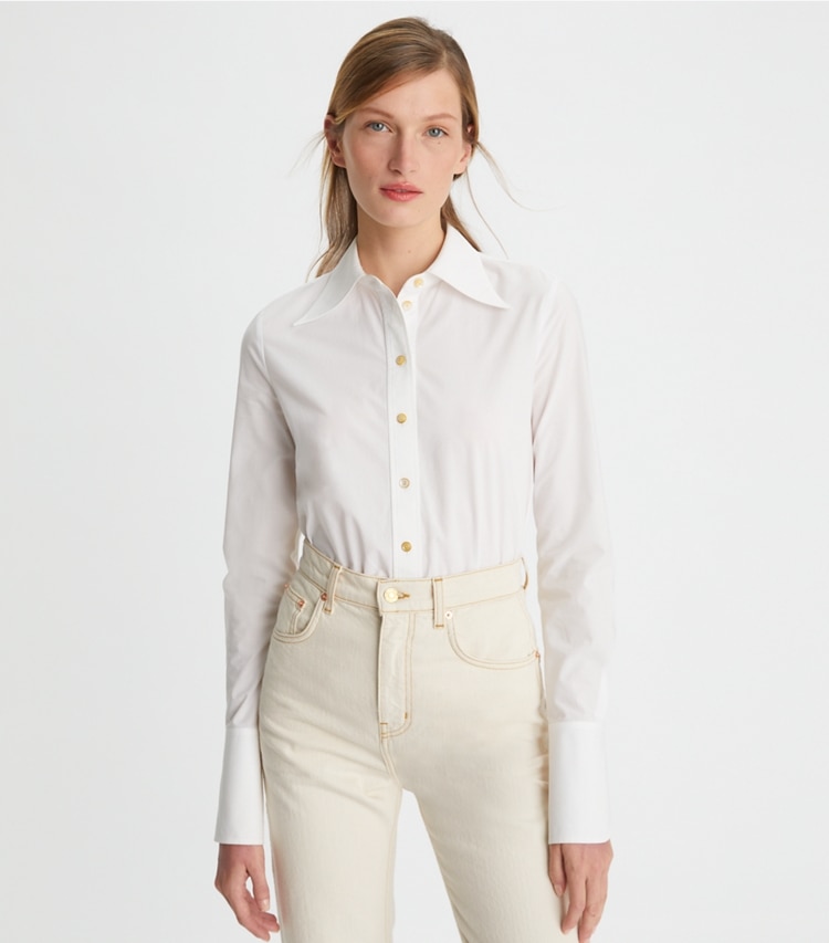 Tory Burch designer tops Cotton Poplin Shirt in White on model detail
