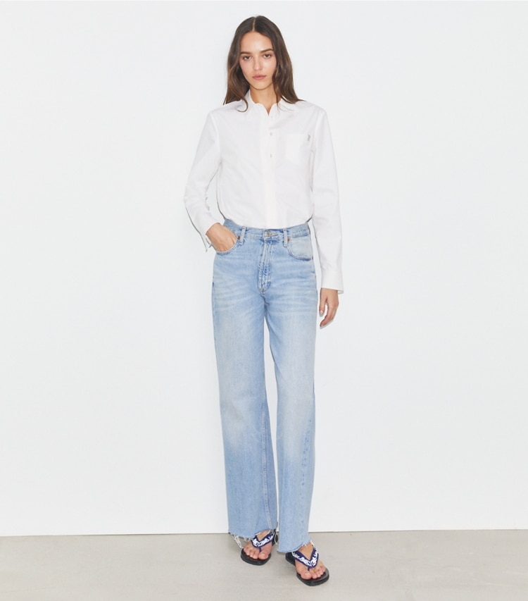 Tory Burch designer tops Cotton Poplin Shirt in White on model front