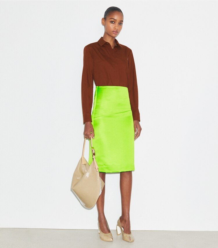 Tory Burch designer tops Cotton Poplin Shirt in Rich Manogany on model front