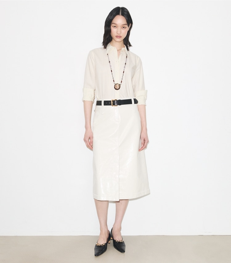 Tory Burch designer tops Cotton Poplin Shirt in Ivory / Ivory on model front