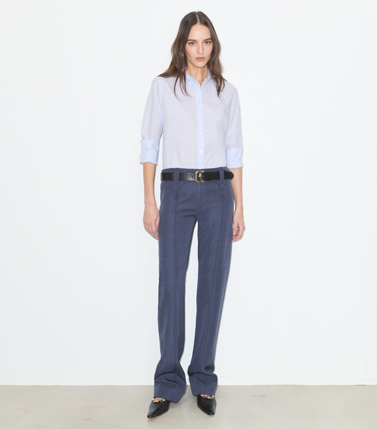 Tory Burch designer tops Cotton Poplin Shirt in Crisp Blue on model front