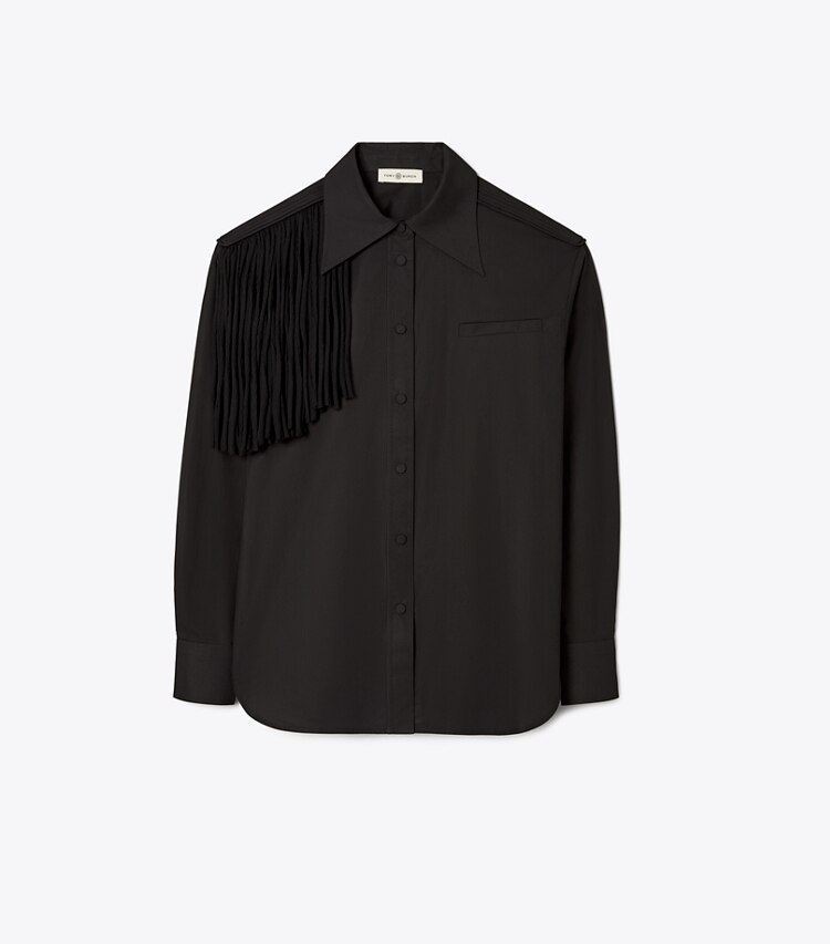 Tory Burch designer tops Cotton Poplin Shirt with Silk Chiffon Fringe in Black front