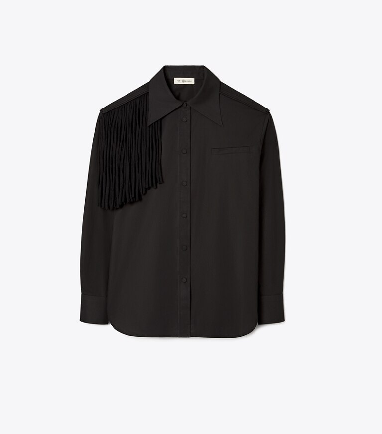 Tory Burch designer tops Cotton Poplin Shirt with Silk Chiffon Fringe in Black front