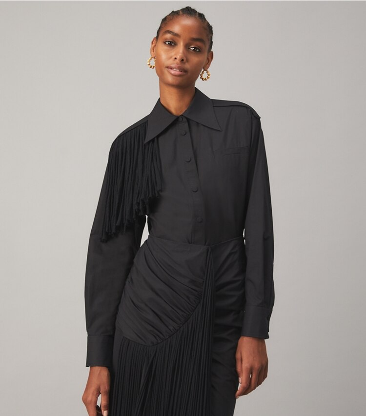 Tory Burch designer tops Cotton Poplin Shirt with Silk Chiffon Fringe in Black on model detail