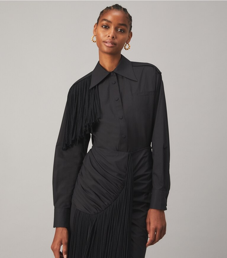 Tory Burch designer tops Cotton Poplin Shirt with Silk Chiffon Fringe in Black front