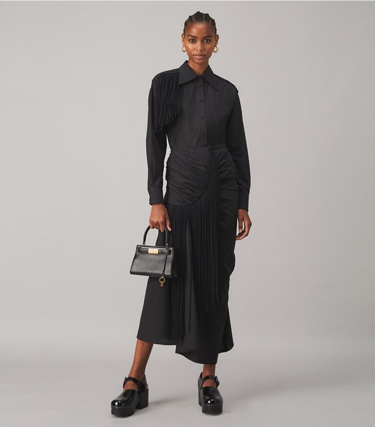 Tory Burch designer tops Cotton Poplin Shirt with Silk Chiffon Fringe in Black front