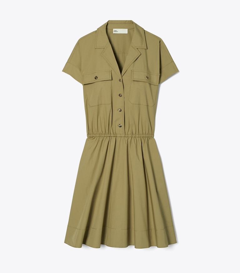 Tory Burch designer dresses Cotton Poplin Shirtdress in Stone Moss front